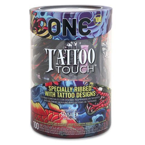 Набір презервативів ONE Tattoo Touch, 100 шт, з рельєфом у вигляді тату, 3 різновиди, паковання-тубус SX0734-S фото